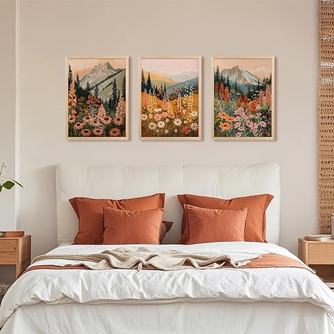 Hianan Boho Daisy Sunset Wall Art, Colorful Mountain Wildflower Wall Decor, Vintage Wildflower Canvas Painting, Modern Botanical Flower Aesthetic Picture for Bedroom Living Room Wood Framed 12"x16"x3