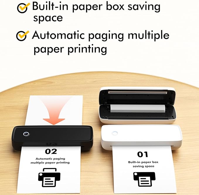 ZJchao Portable Thermal Printer, A80 Small Printers Cordless for Travel Support A4 203dpi Bluetooth Thermal Printer with 1 Roll of Thermal Paper Inkless Printer for Home Office