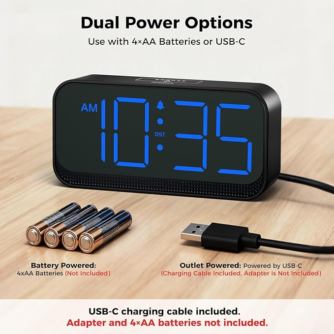 Battery Operated Digital Clock: Cordless Small Alarm Clock for Bedroom Travel - Large Numbers 4 Dimmers for All Ages Blue Digits