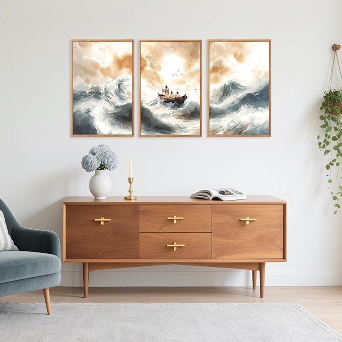 CHDITB Matthew 8:23-34 Jesus Calms The Storm Framed Canvas Wall Art(16"x24"), 3 Panels Watercolor Christian Bible Story Artwork Prints, Large Religious Faith LDS Decor for Home Office Bedroom