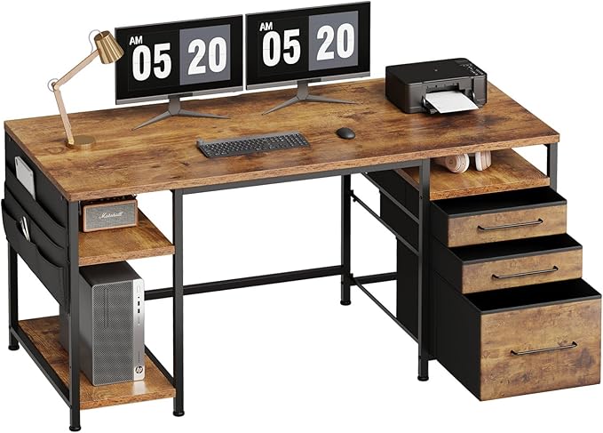 Ｍａｉｈａｉｌ Maihail Home Office Desk with Drawers Adjustable Shelves, 59 inch Writing Desk with File Cabinet, Large Computer Desk with Storage, Vintage, Brown2