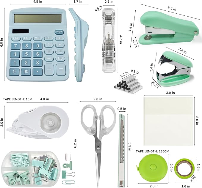 Ohmywor Office Supplies Set, Desk Accessories Includes Stapler Staples, Correction Tape, Calculator, Paper Clip, Transparent Note, Scissors, Tape Measure for Office School Clerk Student