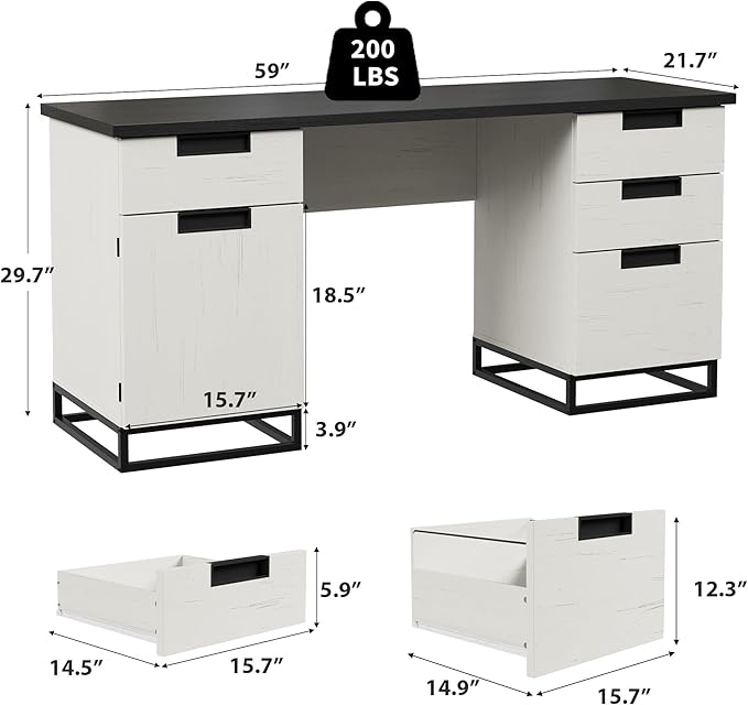 Garvee 59 in Farmhouse Executive Desk, Home Office Desk with File Drawer and Storage Cabinet, Wooden Computer Table with 3 Drawers for Work and Study ，White+Vintage/Black
