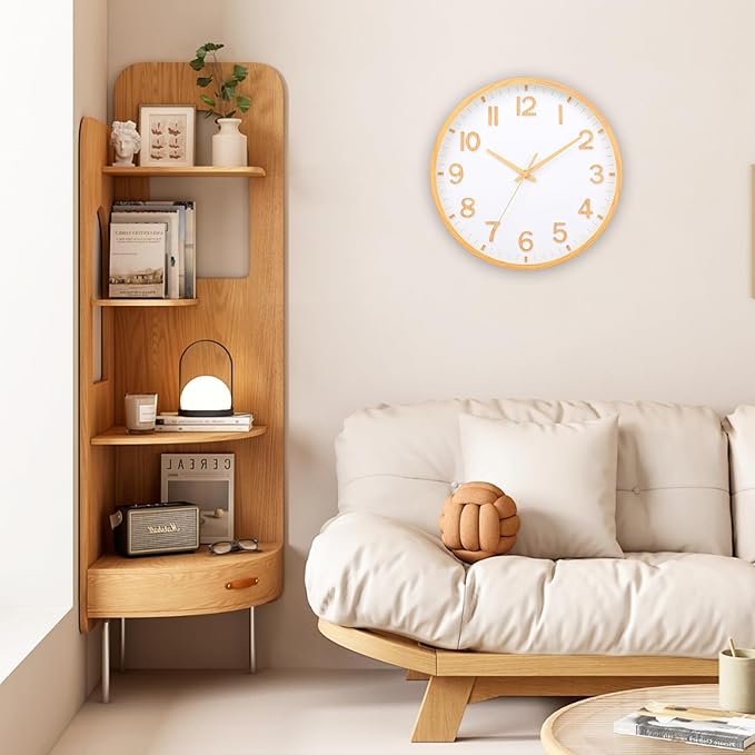 Wall Clocks Battery Operated 10 inch Modern Wall Clock,Silent Non Ticking Wall Clock for Living Room Bedroom Kitchen Office Classroom Decor (Wood Grain Yellow White)