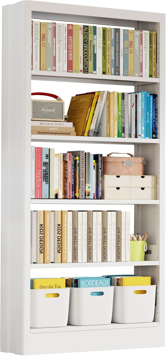 Metal White Bookshelf, 71"H Tall Bookcase with Adjustable Storage Shelves, 5-Tier Heavy Duty Book Shelf, Modern Open Large Book Case for Library, Living Room, Office, including Book Stopper (White)