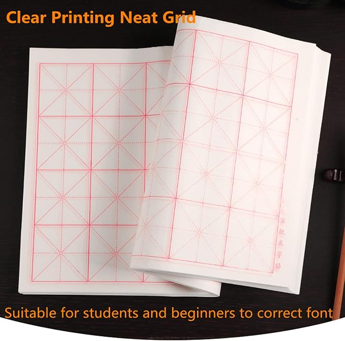 MEGREZ Chinese Calligraphy Xuan Paper Brush Writing Sumi Paper XuanPaper Rice Paper with Grids for Students, Beginners Practice Kanji Japanese Calligraphy, 100 Sheets/Pack, 10cm/Grid