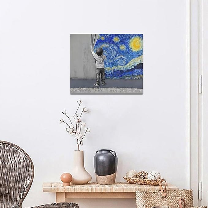 Banksy Wall Art Boys Starry Night Street Graffiti Pictures Wall Decor Kids Canvas Painting Pop Home Modern Artwork Decorations Framed for Living Room Bedroom Bathroom Office 20 x 16 inch