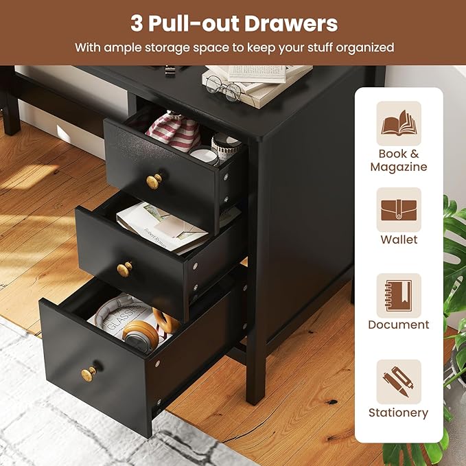 GOFLAME Computer Desk w/ 3 Drawers, 48" Wide Writing Desk with Storage, Laptop Study Desk w/Anti-tip Kit, Modern Home Office Desk, Wooden Workstation, Vanity Table for Study, Office,Black
