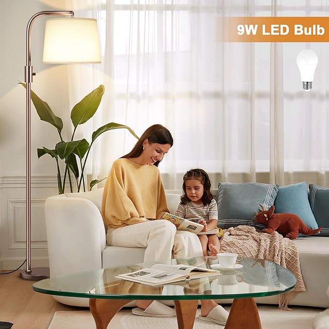 Ambimall 𝐅𝐮𝐥𝐥𝐲 𝐃𝐢𝐦𝐦𝐚𝐛𝐥𝐞 Floor Lamp - Floor Lamps with 9W 𝐋𝐄𝐃 Bulb, Standing Lamps for Living Room with Adjust Head, Modern Standing Tall Light Rotary Switch for Office(Brown and White)