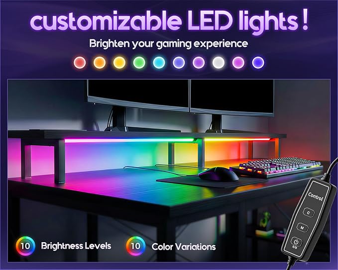 ODK 48 inch Gaming Desk with LED Lights & Power Outlets, Computer Desk with Monitor Stand & Storage Shelves, CPU Stand, Home Office Desk, Black