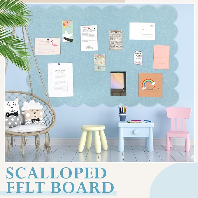 Scalloped Felt Bulletin Board 72 x 48 Inches Foldable Light Blue Pin Cork Board Alternative for Wall, 6' x 4' Trifold Picture Vision Self Adhesive Bulletin Decorative