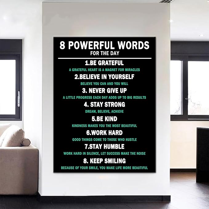 8 Powerful Words Motivational Poster Printed on Canvas Wall Decor for Office Inspirational Picture Poster Entrepreneur Quotes Artwork for Home Living Room Gym Framed Ready to Hang [30''Wx 40''H]