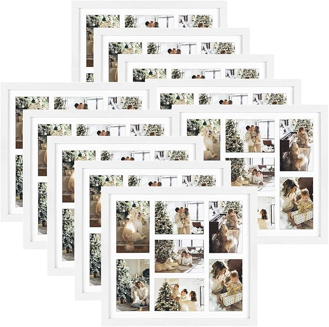 Golden State Art, Set of 10, 13.7x15.7 Matted White Wood 7-Opening for 4x6 Collage Picture Frame