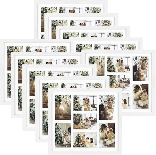 Golden State Art, Set of 10, 13.7x15.7 Matted White Wood 7-Opening for 4x6 Collage Picture Frame
