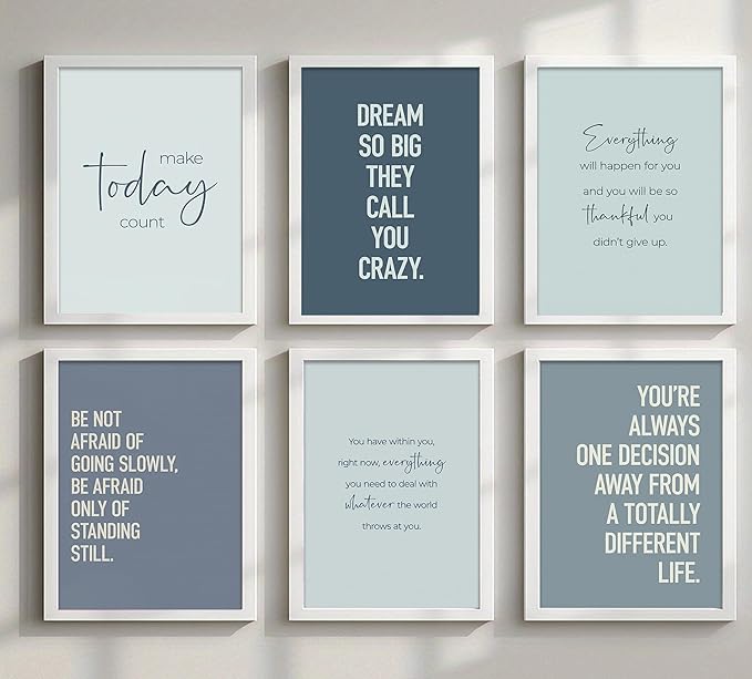 CXKAWM 6Pcs Inspirational Quotes Wall Art Motivational Inspirational Office Wall Art Decor Prints, Blue Motivational Wall Decor Trendy Retro Posters for Office Home Decoration, 8x10 Unframed