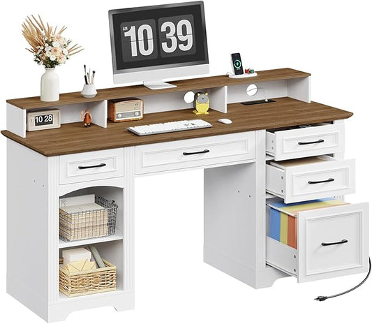 58" Executive Desk, Farmhouse Computer Desk with Drawers, Wooden Office Desk with File Cabinet, Charging Station, Monitor Stand, for Work and Study, White and Walnut CDBZ10E01