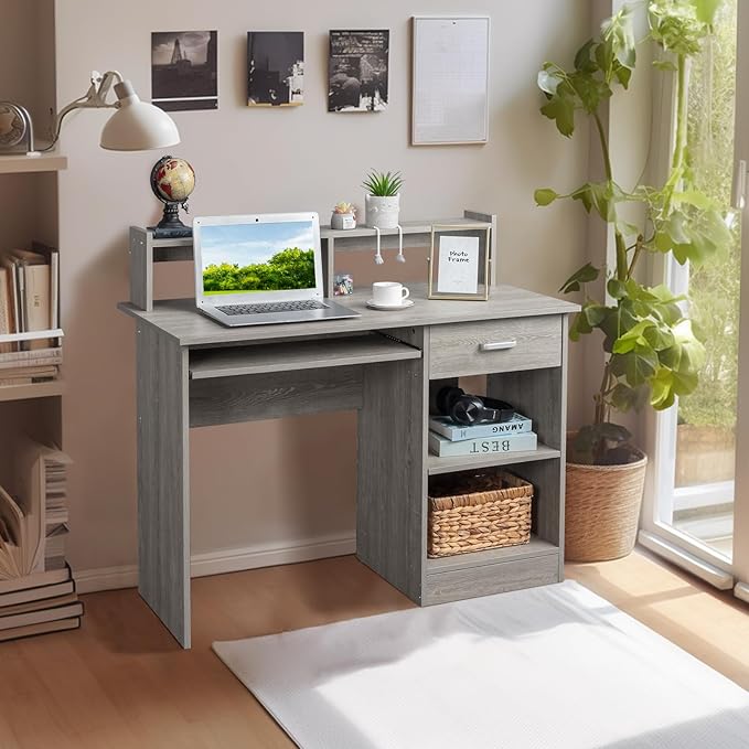 Karl home Computer Desk Study Writing Desk, Wooden Home Office Workstation PC Laptop Table with Drawer Shelf Keyboard Tray, Grey