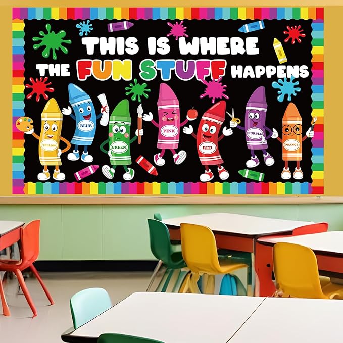 gisgfim Color Crayon Bulletin Board Decorations Set This is Where The Fun Classroom Decor Colorful Crayons Paper Cutouts Back to School Bulletin Board Decor for School Home Chalkboard Wall