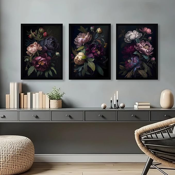 Krtoni 3PCS Framed Dark Flower Wall Art, Neutral Black Peony Floral Canvas Artwork Prints, Rustic Boho Farmhouse Flower Botanical Picture Paintings for Living Room Bedroom Office 12W x 16H