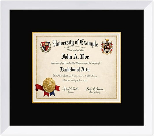 CountryArtHouse Diploma Frame Fits 10 x 8 Professional License - Keepsake Graduation Display Bright White Genuine Hardwood with Black Over Metallic Gold Double mat