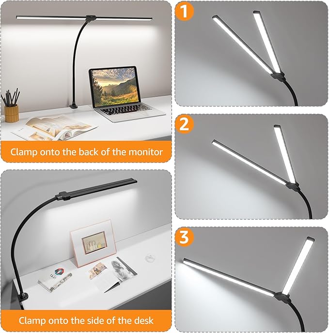 ShineTech LED Desk Lamp, 31.5" Ultra Wide Double Head Architect Light with Clamp, 50 Adjustable Lighting Modes, Eye-Caring Bright Task Lamp for Home Office, Large Monitor, Memory & Auto-Off Timer
