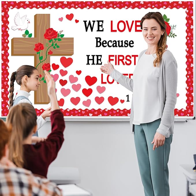 Valentine's Day Christian Bulletin Board Set Religious Bible Verse Classroom Decoration Inspirational Jesus Rose Cross Paper Cutouts Heart Bulletin Board Border for Church Sunday School VBS Wall Decor
