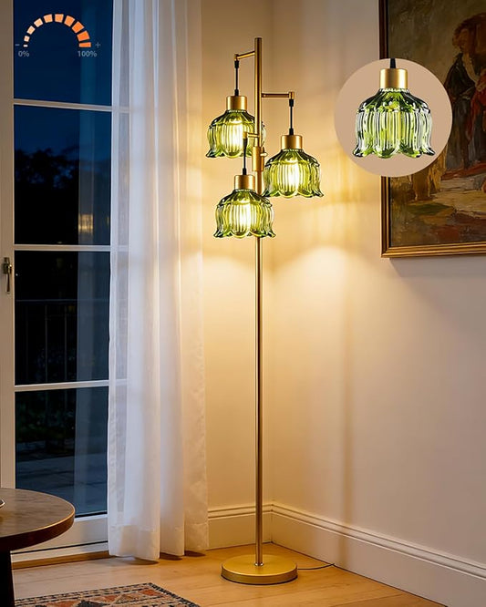 Gold Floor Lamps for Living Room, 3-Light Dimmable Floor Lamp with Green Glass Shade& E12 Bulbs Included, 65'' Mid Century Tall Standing Lamp for Bedroom/Sofa Beside/Corner Decor