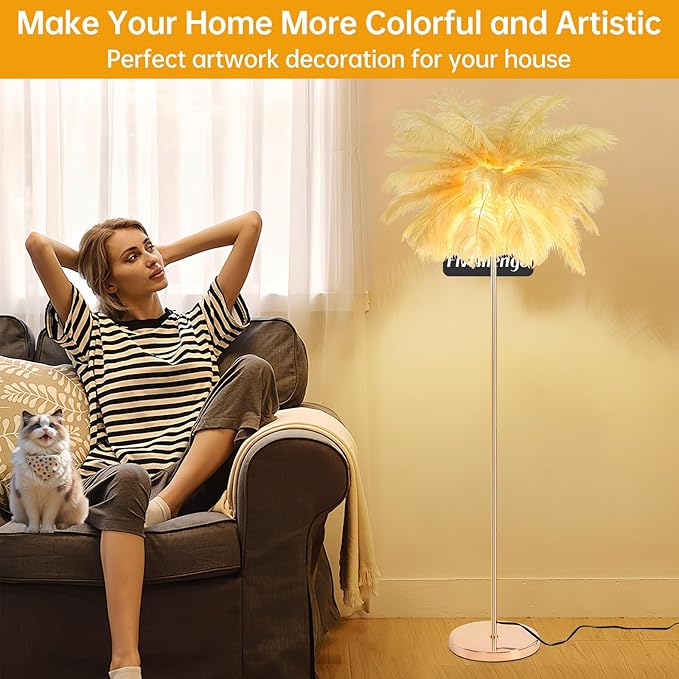 Feather Floor Lamp for Living Room, Fluffy Ostrich Feathers Lamp, Rose Gold Color Body, 3 Color Temperatures Modern Funky Arc Tall Standing Lamp for Bedroom Inclued Bright LED Bulbs (Camel)