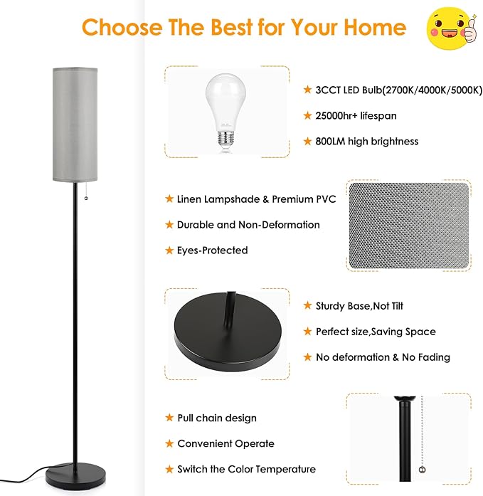 Floor Lamp for Living Room, 3 Color Temperature Modern Standing Lamps, Minimalist Floor Lights for Bedroom, Office, Reading,Gray