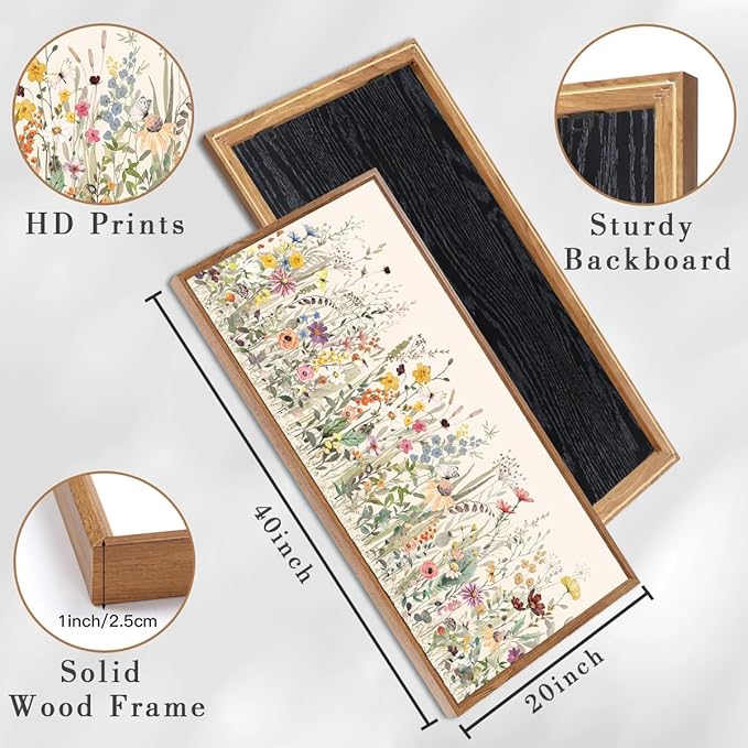 Floral Wall Art Boho Flowers Artwork Colorful Wildflower Wall Paintings Flower Wall Decor Framed Floral Artwork for Living Room Bedroom Farmhouse 40x20 Inches Set of 3