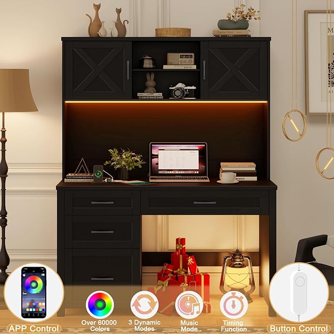 Vabches Farmhouse 67" H Executive Desk with Hutch,Office Desk with 4 Drawers and LED Light, Wood Workstation for Home Office and Study, Computer Desk with File Drawers, Charging Station.Pure Black