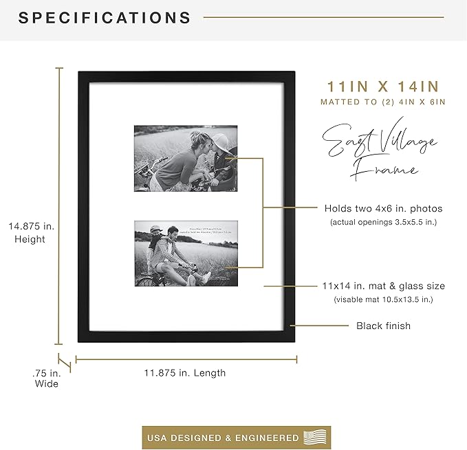 MCS East Village 11x14 Matted Picture Frame with Two 4x6 Photo Openings, Black Wall Hanging Frame for Photos & Posters (1-Pack)