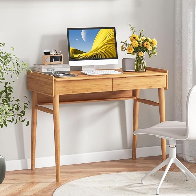 POWERSTONE 39.5" Writing Computer Desk, Modern Bamboo Home Office Desk with 2 Storage Drawers and One Shelf, Study Writing Table Workstation