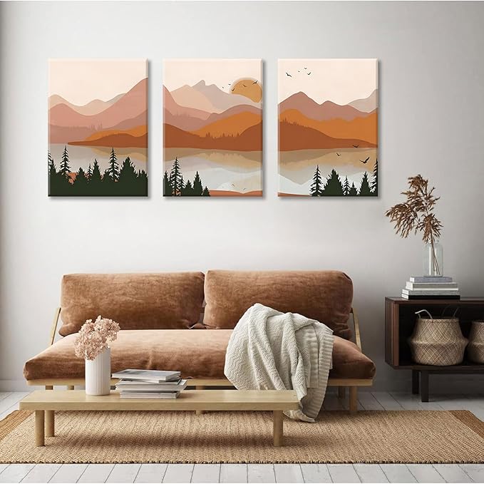Bwodke Canvas Wall Art Boho Mountain Framed Wall Art Set of 3 Watercolor Nature Landscape Picture Decor Sun Forest Prints Artwork for Living Room Bedroom Office 16"x24"