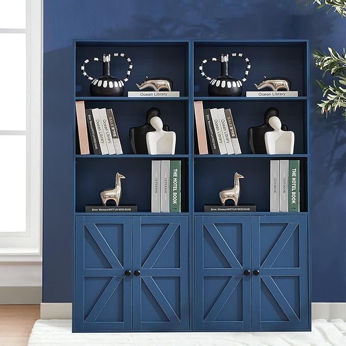 Bookshelves and Bookcases with Barn Doors Set of 2, Farmhouse Bookshelf with Display Shelves, Floor Standing 5-Tier Book Shelf with Storage Cabinet for Home Office, Living Room, Bedroom