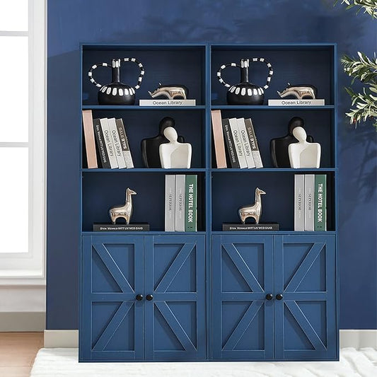 Bookshelves and Bookcases with Barn Doors Set of 2, Farmhouse Bookshelf with Display Shelves, Floor Standing 5-Tier Book Shelf with Storage Cabinet for Home Office, Living Room, Bedroom