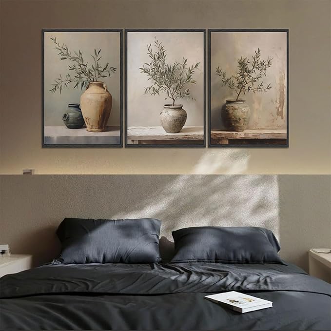 3Pcs Vintage Vase Canvas Wall Art Green Rustic Olive Branch Wall Decor Pictures Antique Still Life Plant Posters Paintings Prints for Bedroom Living Room Kitchen Artwork Home Decoration Unframed