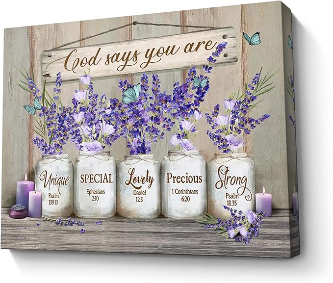 Parylore God Says You Are Canvas Wall Art Inspirational Lavender Butterflies Wall Decor Marson Jars Bible Verses Picture Framed Modern Artwork for Bedroom Bathroom Office Home Decor 12x16 In