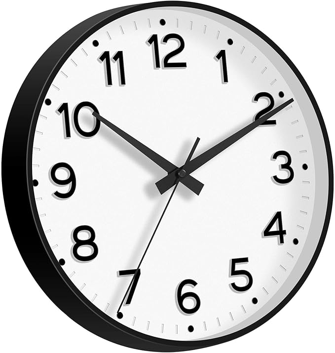 Wall Clock 10 Inch Silent Wall Clocks Battery Operated-Modern Non Ticking Analog Clock Decorative for Kitchen Bedroom Office (Black)