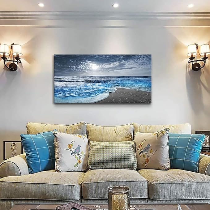 Bamdeya Large Canvas Wall Art for Living Room Beach Poster Wall Pictures for Bedroom Wall Décor Ocean Room Decor Blue Photo Prints Sea Artwork Paintings Framed Office Kitchen Decorations 30x60