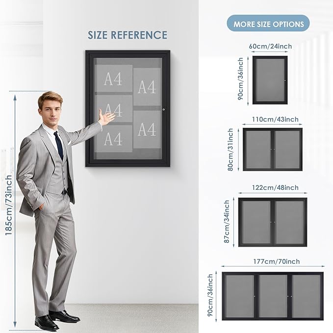 Enclosed Bulletin Board Outdoor Noticeboard with Locking Door, Weather-Resistant, Grey Felt, Black Aluminum Frame, 70 x 36 in