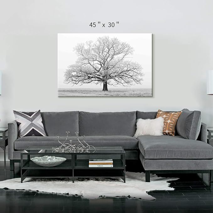 Winter Tree Canvas Wall Art: Black and White Landscape Painting Print Artwork for Living Rooms