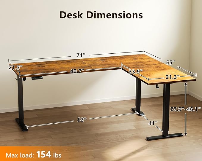 Casaottima 71 Inch Reversible Electric L Shaped Standing Desk, Height Adjustable Corner Stand up Desk, Ergonomic Large Lift Table for Home, Office, Workstation, Reception Room, Rustic Brown