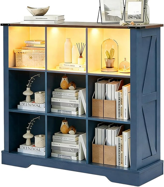 9 Cube Storage Organizer, 3 Tier Book Shelf with Led Lights, Farmhouse Book Shelves for Living Room, Horizontal Toy Storage Bookshelf, Wood Display Bookcase Cabinet for Bedroom, Office, Blue