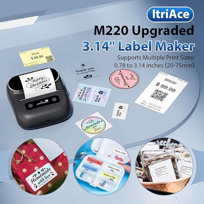 M220 Wireless Label Maker Portable Address Printer for 0.78 to 3.14 Inch Labels, for Home Office and Small Business Organization, Compatible with iPhone Android and PC, with 40x30mm Label