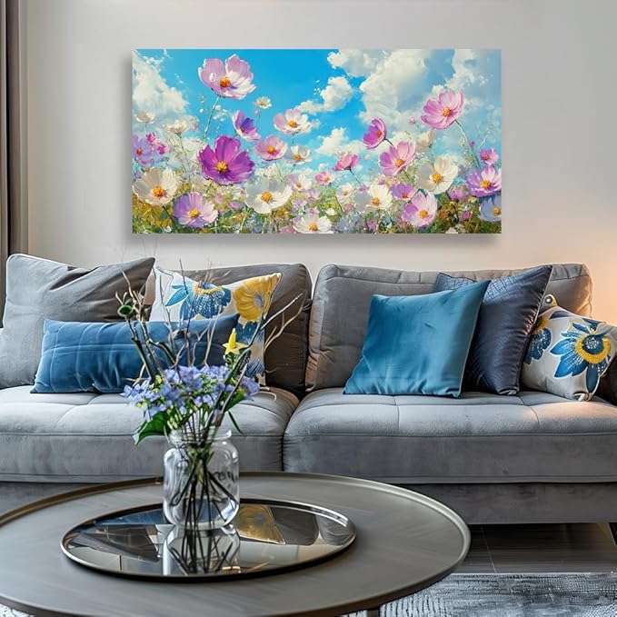 JLXART Canvas Wall Art Floral Wildflower Meadow Painting Purple and White Cosmos Flowers Picture Prints Summer Meadow Landscape Living Room Bedroom Decor 20 x 40 inches