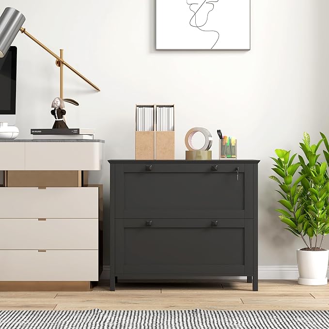 2 Drawer File Cabinet with Lock, Home Office Filing Organizer, for Letter Legal A4 Size Labeled Folders File Folder Storage, Wood Lateral Filing Cabinet (Black-W31.1*D15.7*H28.3in)