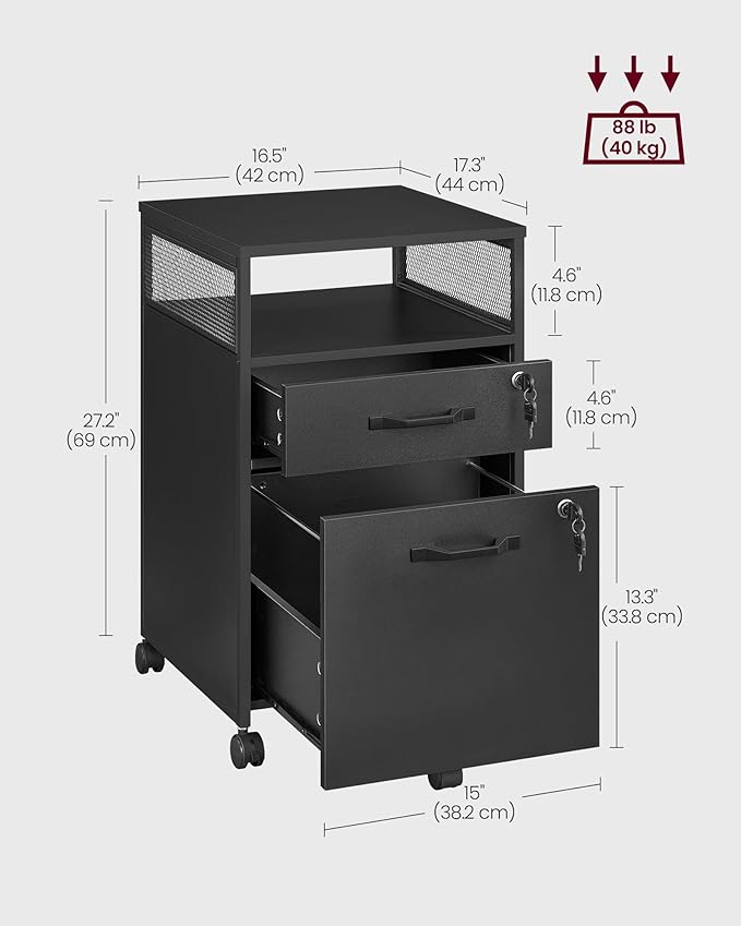 VASAGLE File Cabinet, Mobile Filing Cabinet with Wheels, 2 Lockable Drawers, Open Shelf, for A4, Letter Size, Hanging File Folders, Ink Black UOFC077B16