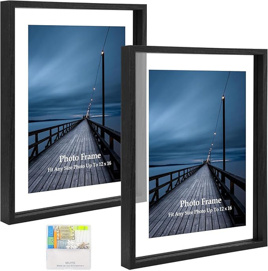 MUYE 12x16 Floating picture Frames Set of 2,Double Glass Frame,Display Any Size Photo up to 12x16,Wall Mount or Tabletop Standing,Black