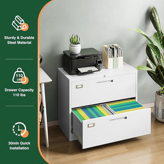 2 Drawer Metal Filing Organization Office Cabinets with Lock,Lateral File Cabinets for Home Office Hanging Files Letter/Legal/F4/A4 Size (2 Drawer-White)